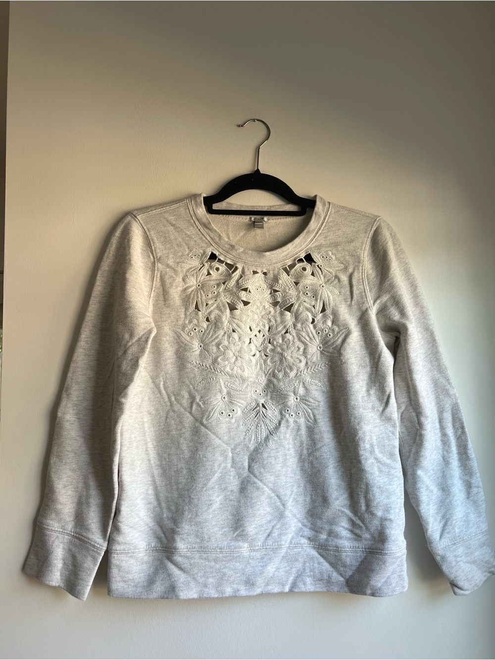 J. Crew Light Gray Crewneck Sweatshirt with Floral Cutout Embroidery